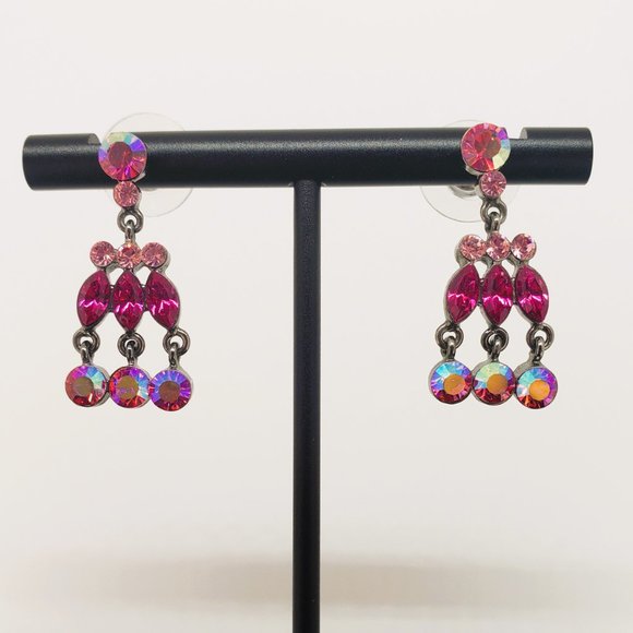 Vintage Givenchy 1" Pink Sparkling Dangle Drop Earrings in Gun Metal - Picture 3 of 7